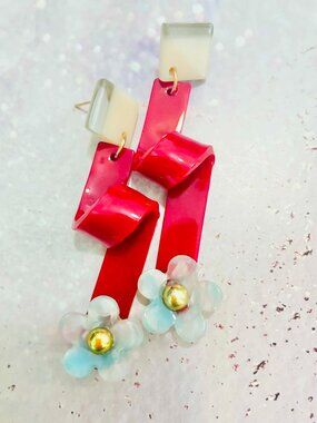 Retro 3D Flower Blue Earrings, Acrylic, Bold Statement Jewelry for Party